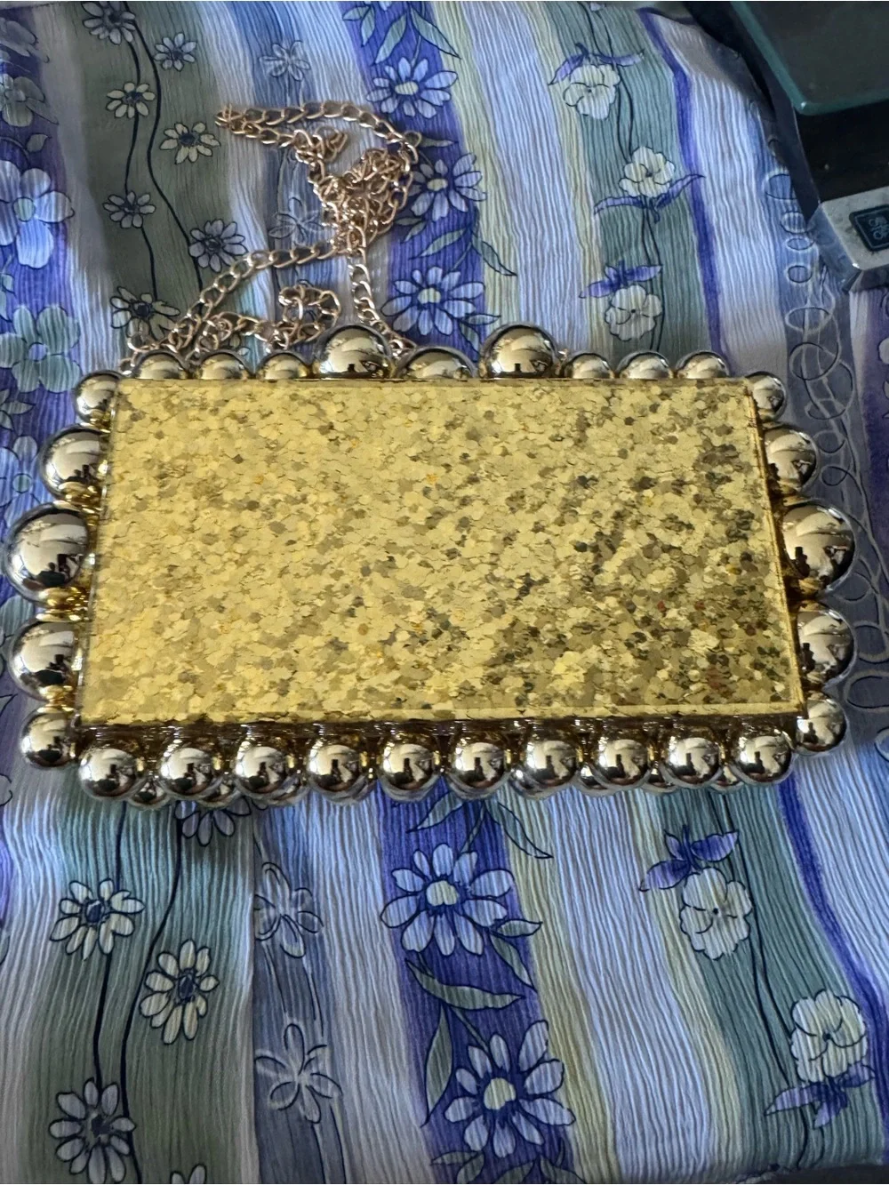 Gold Glitter Beaded Edge Evening Clutch with Chain Strap